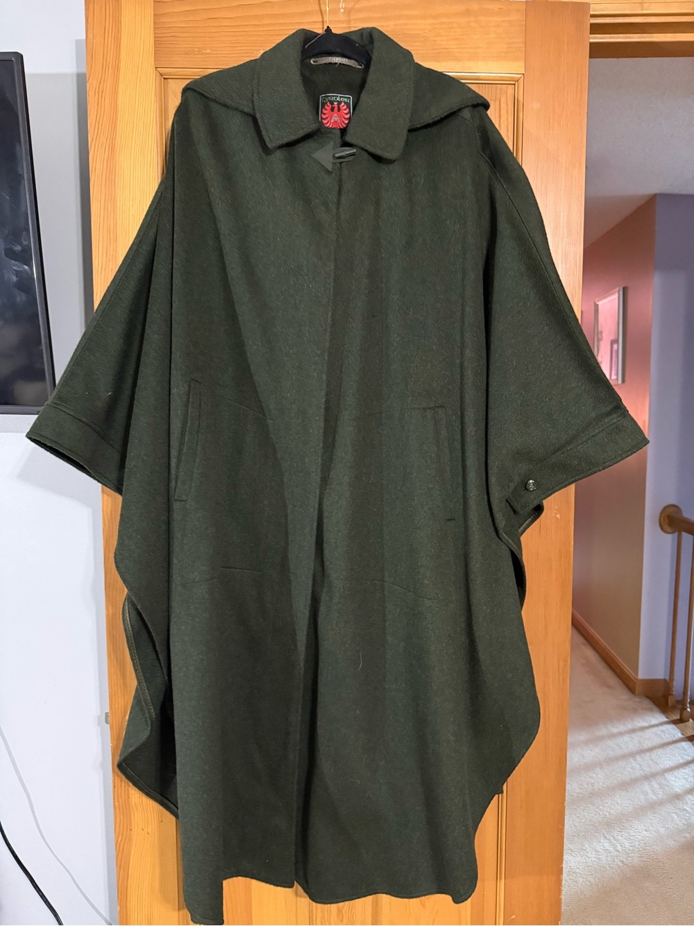 Tyroler Loden Wool Cape Poncho Size 46 Green Detachable Hood Austrian Alpine Coa - Picture 3 of 9